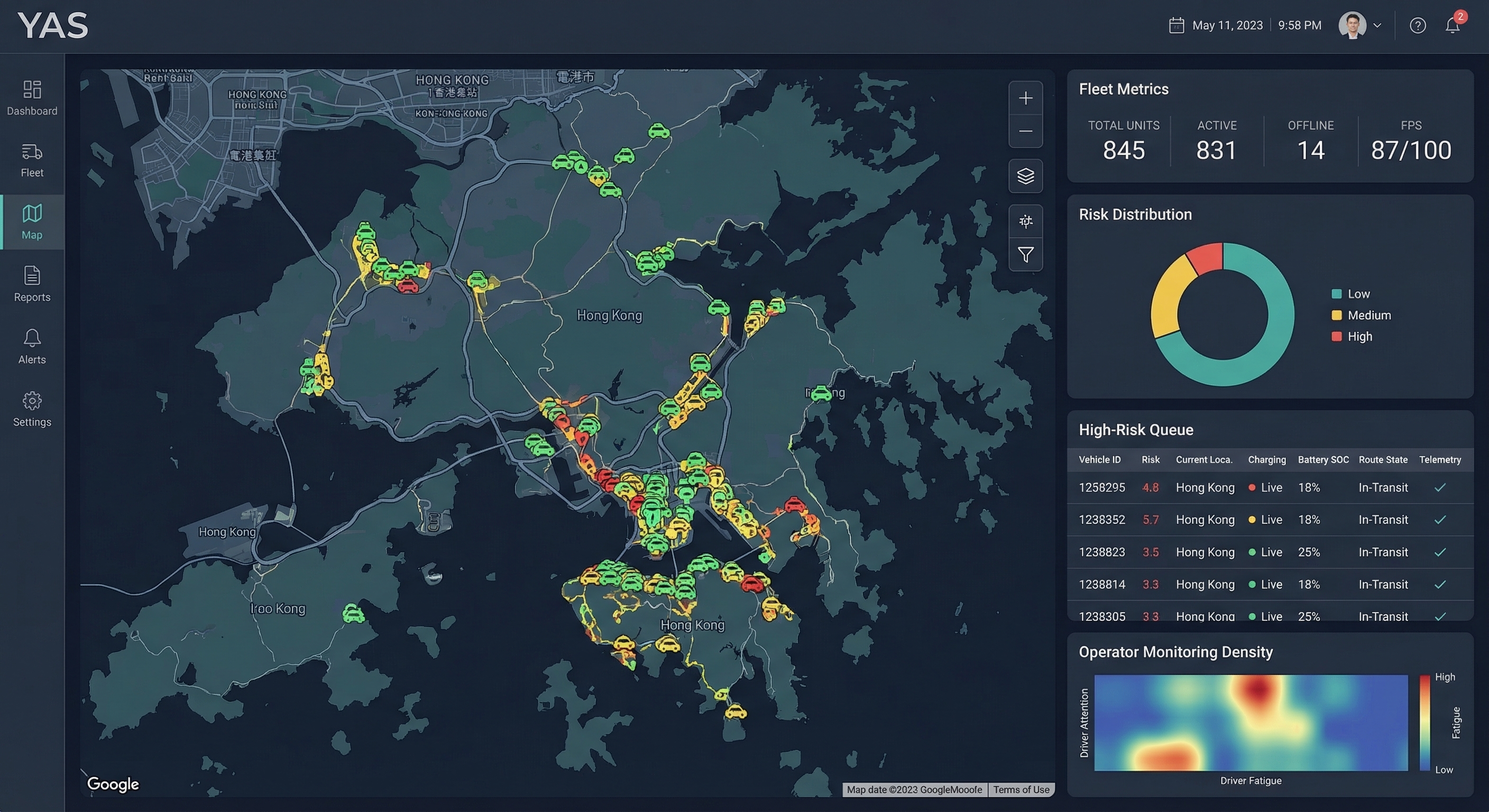 YAS Monitoring — live fleet coverage, FPS, and event feed